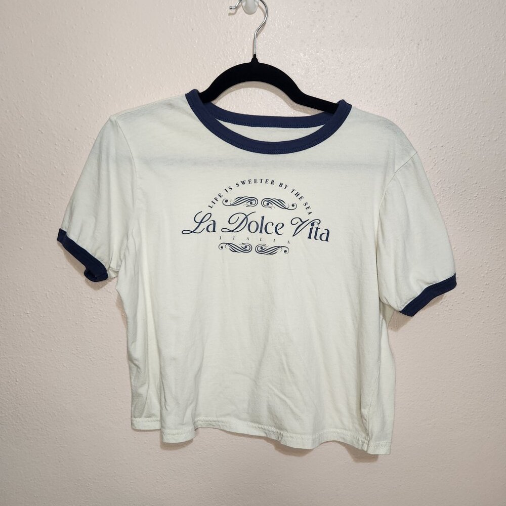 Vintage Inspired Blue and White La Dolce Vita Cropped Ringer Tshirt Size Medium - Picture 2 of 6